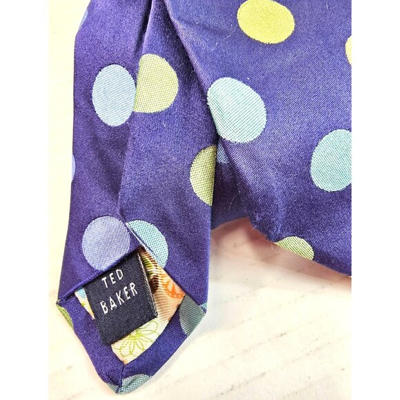 Ted Baker Mens Polka Dot Silk Tie Navy Blue Green & Yellow Hand-Tailored - Picture 2 of 7